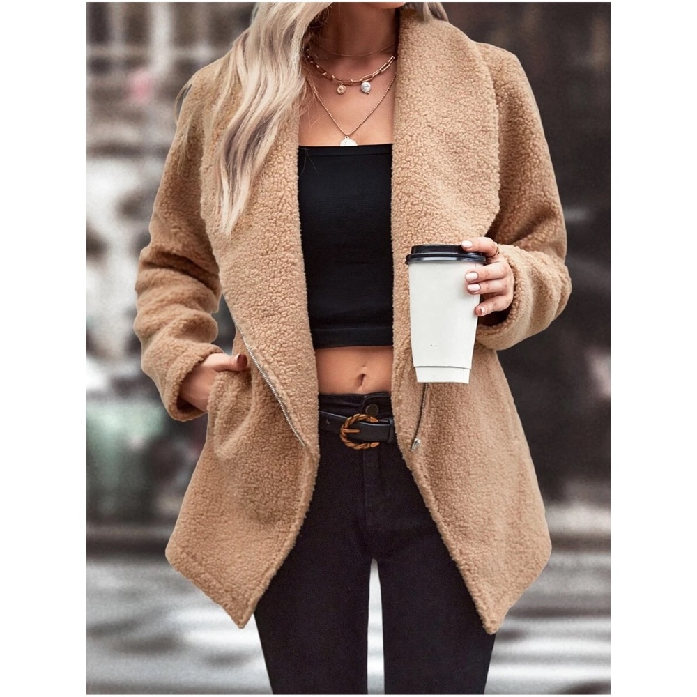 Brand New Cozy Khaki Tan Zipper Teddy Jacket Coat
